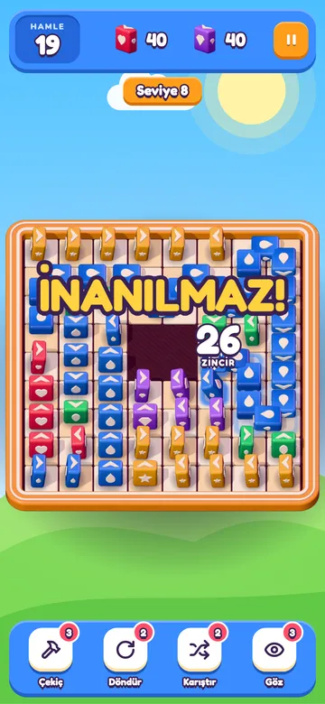 Oyun ekranı: 26 taşlık zincir ve "İnanılmaz!" yazısı
