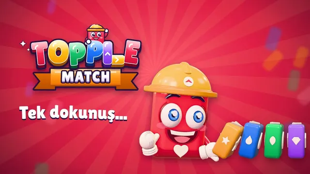 Topple Match fragmanı: logo, Usta Topi ve renkli domino taşları