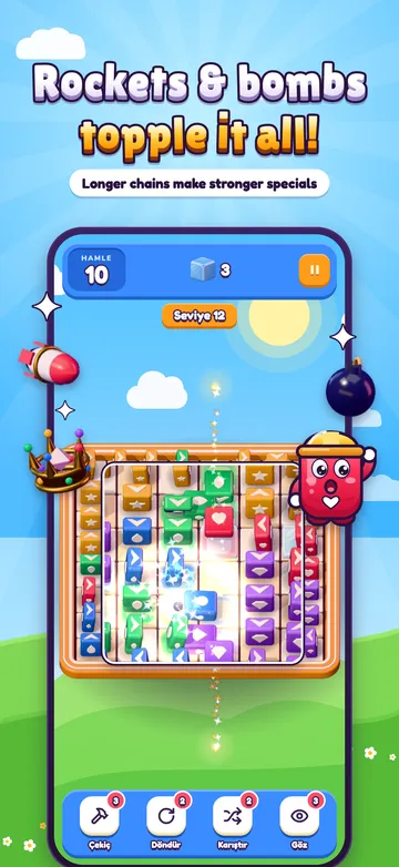 Game screen: rocket, bomb and crown special tiles